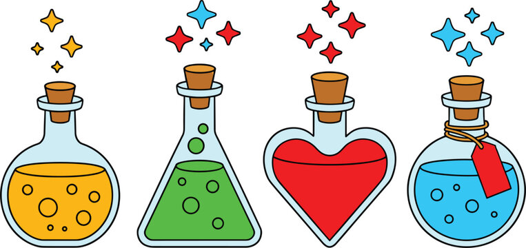Magic potion bottles colorful elixir liquid set with heart shape glass stars cartoon flat vector illustration