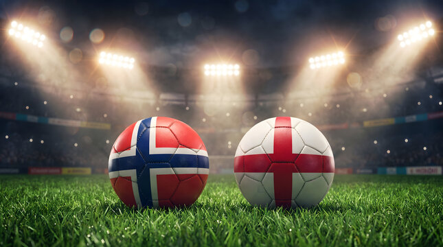 Foot Balls with Norway and England Flags in Brightly Lit Stadium