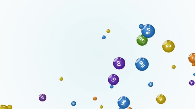 Vitamins and Minerals Floating Spheres Background. A clean, animated motion graphic displaying essential nutrients and supplements, perfect for healthcare, nutrition, and medical research projects