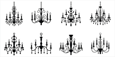 Fototapeta premium Collection of eight ornate black chandelier silhouettes on white background Keywords: chandelier, silhouette, ornate, vintage