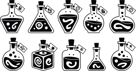 Magic potion flasks collection featuring black mystical witch elixir bottles with cork stoppers and labels icon set © MdAnarulIslam