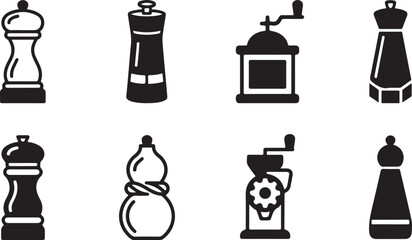 Flat set of black and white chess pieces and spice grinders icons Vector © Sazid