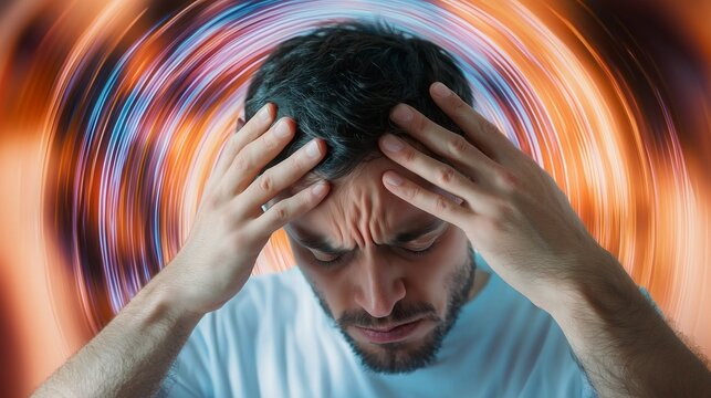 Man clutching his head with swirling background, showing motion sickness, dizziness, headache, and distress.