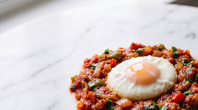 Traditional Shakshuka with Poached Egg on White Marble Background