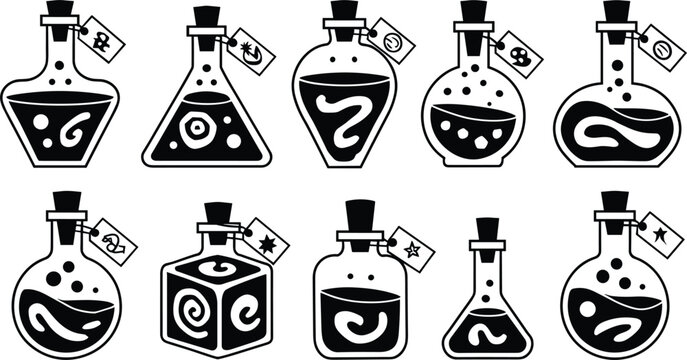 Magic potion flasks collection featuring black mystical witch elixir bottles with cork stoppers and labels icon set