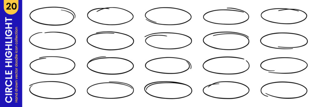 Marker circle highlights and black pencil ovals doodle. Pen ellipses and round scribble frames in sketch style. Hand drawn vector illustration isolated on transparent background
