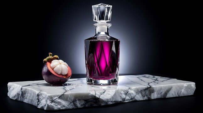 Crystal Decanter Filled with Purple Liquid Next to a Mangosteen Fruit on a Marble Slab.