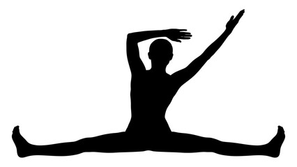Fototapeta premium Gymnast performs an expansive side split stretch while extending arms to demonstrate extreme physical flexibility.