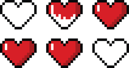 Pixel art heart health status icons set showing empty half full and full life bar meters for retro arcade video games © MdAnarulIslam