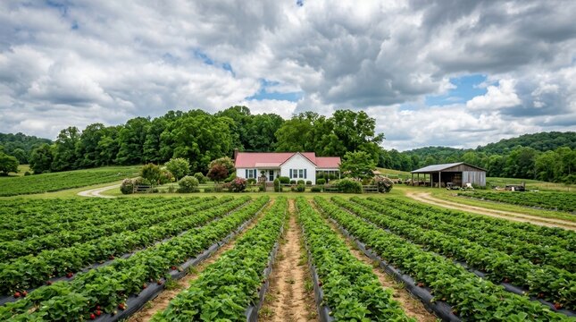 Expansive Strawberry Farm Fields Stretch Towards a Charming White Farmhouse Under a Cloudy Summer Sky
