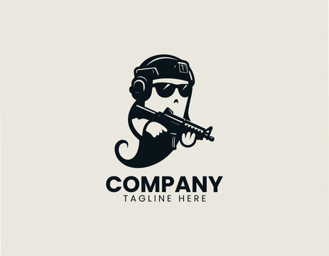 Tactical ghost mascot with combat gear black vector logo illustration style