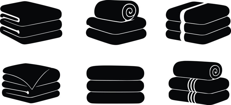 Set of black icons showing folded towels and blankets in various arrangements isolated on white background