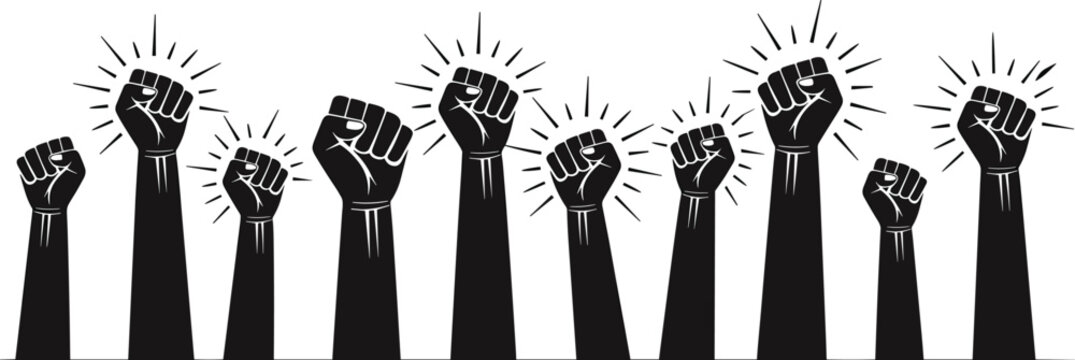 Silhouette of multiple raised fists with radiating lines on white background Keywords: fist, raised fist, protest, power