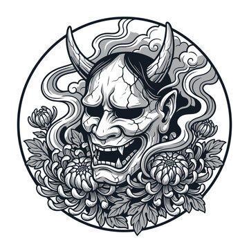Monochromatic illustration of a Japanese Hannya demon mask with horns and fangs surrounded by chrysanthemum flowers and smoke wisps in a circular frame design for tattoo or apparel.