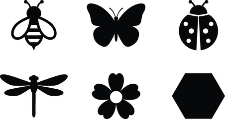 Minimalist collection of black insect and nature silhouettes featuring a bee butterfly ladybug dragonfly flower and hexagon perfect for spring summer and ecological design projects © Ali