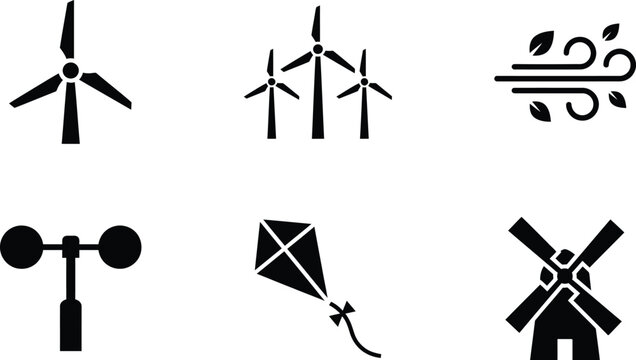 Set of wind energy and weather-related icons featuring turbines an anemometer and a kite in a modern flat glyph style ideal for renewable power projects and environmental infographics