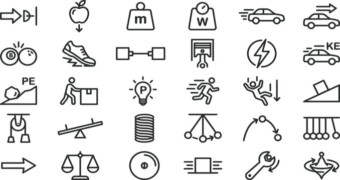 Physics motion and mechanics educational vector icon set with mechanics