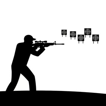 Silhouette of Shooter Aiming Rifle at Targets