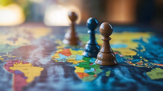 Wooden pawns on a world map symbolize geopolitical strategy, economic control, sanction pressure, and political power among nations.