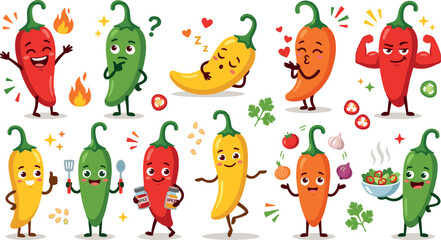 Obraz premium Cute vector illustration collection of cartoon chili pepper characters cooking juggling ingredients and showing strong emotions isolated on white background