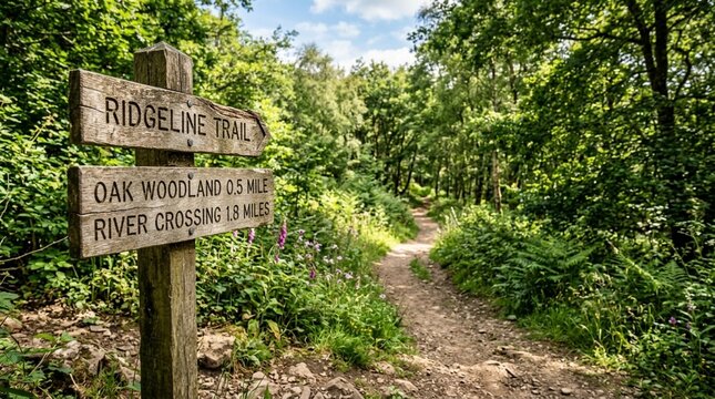 Wooden trail sign pointing towards Ridgeline Trail and Oak Woodland in a lush green forest.
