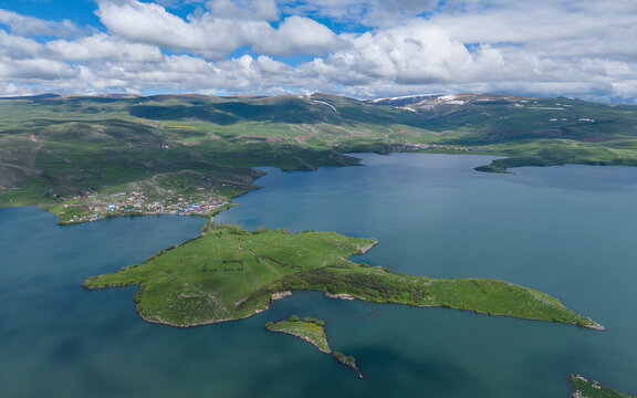 Akcakale Island and Historic Castle Ruins on Cildir Lake in Ardahan Province Turkey Eastern Anatolia Drone View