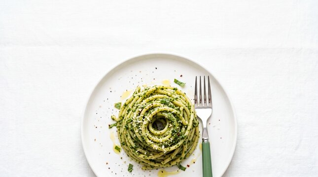 Top view of a plate of spaghetti with fresh green pesto sauce and a fork on a white tablecloth