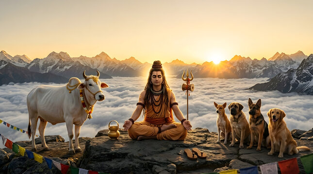 Guru Purnima celebration peaceful sunset meditation with sacred animals illustration background wallpaper
