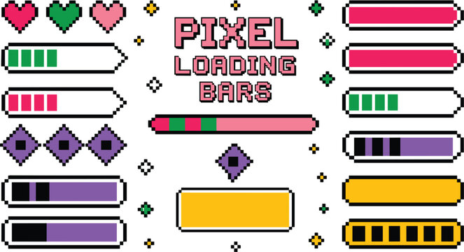 Retro pixel art loading bars vector set featuring colorful status meters user interface elements for arcade video games