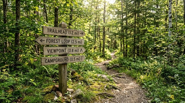 Wooded Trail Signpost with Forest Path and Distant Sunlight