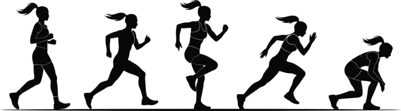 Black silhouette female runner athletes running sprint motion sequence training exercise sports fitness speed running woman illustration vector concept design