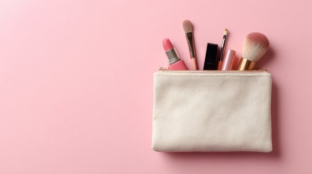 Pink makeup pouch with brushes on pink background.