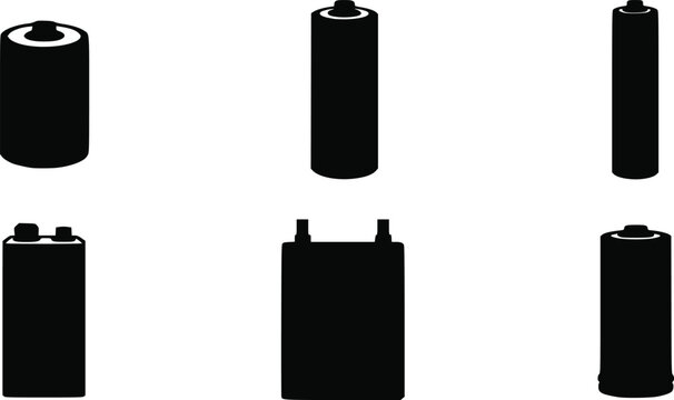 Set of various black battery silhouettes for electronic devices and power energy isolated on white background, Vector