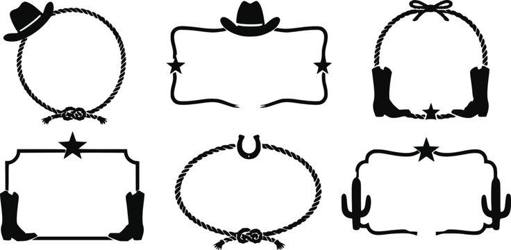 Set of black western cowboy frames with lasso ropes and boots isolated on white background, Vector