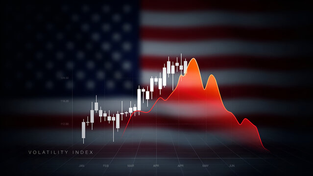 Financial volatility index chart showing a sharp decline with red downward trend line against a blurred american flag background, in dark tones