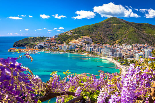 Town of Budva beach and modern coastline architecture view
