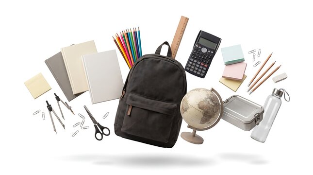 Floating school supplies with a black backpack and various stationery items isolated on white background.