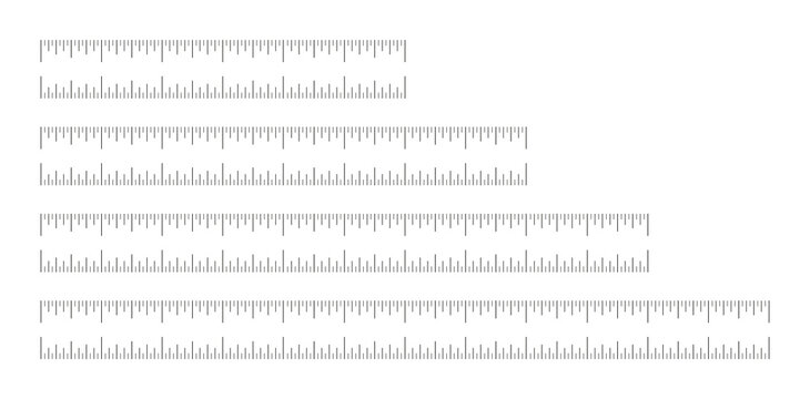 Length measurement distance, height. Templates of sewing tool. Ruler scale set, measuring chart with 6, 8inch, 10 and12 inches, no numbers.