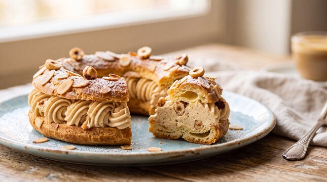 Gourmet Paris-Brest pastry filled with hazelnut praline cream and topped with flaked almonds and whole hazelnuts