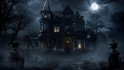 Obraz premium Haunted Mansion with Fountain Full Moon and Blue Night Fog