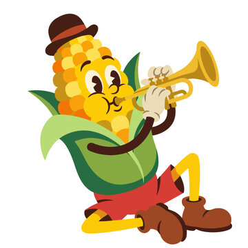 This whimsical illustration features a cartoon corn character wearing a hat and playing a trumpet, showcasing musical creativity and humor in a playful artistic style.