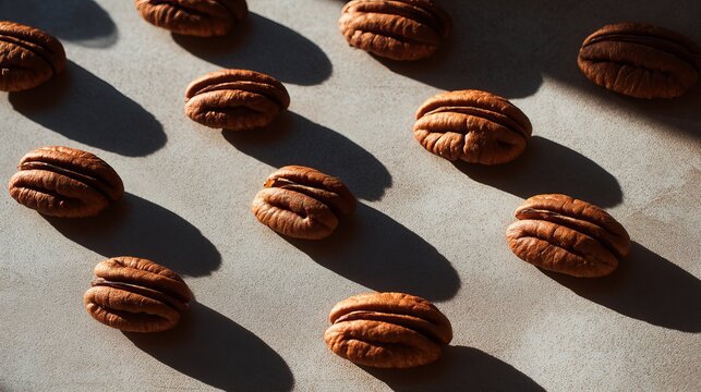 A scattering of roasted pecans arranged on a textured surface, showcasing the rich brown tones and natural beauty of the nuts