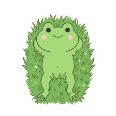 Fototapeta premium Cute Frog Relaxing on Grass Cartoon Sticker Illustration