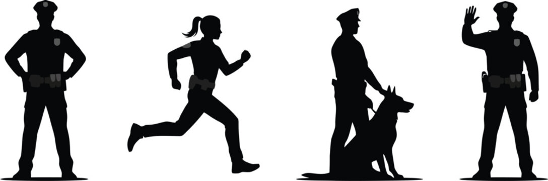 Black silhouette law enforcement police officer and female runner with K9 dog patrol and security control concept vector illustration design