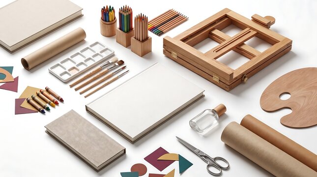 Top view of professional artist supplies and drawing tools arranged on a white background.