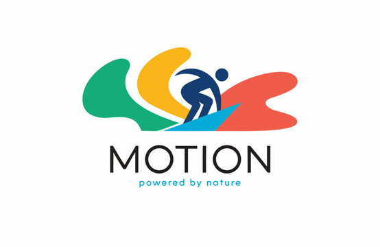 Motion abstract sports logo with a surfer riding a wave represented by colorful fluid organic shapes abstract creative