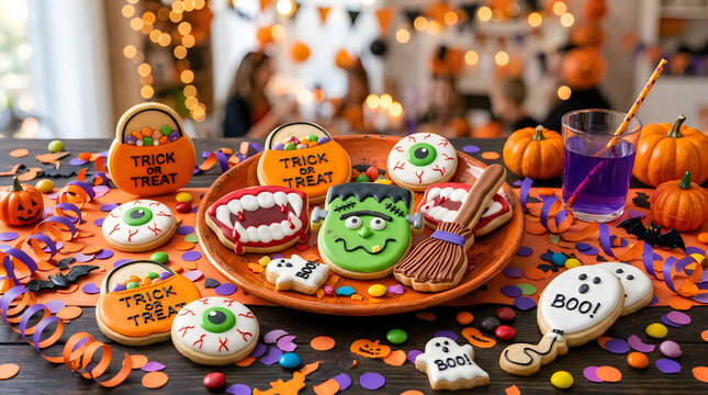 Halloween party treats, spooky desserts, colorful donuts, festive cookies Halloween