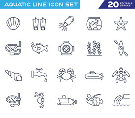 Aquatic icon set in outline style. Collection of seashell, snorkel mask, squid, fish bowl, starfish, diving fins, lifebuoy, sea turtle icons. Editable stroke. Vector icon collection. © Copy