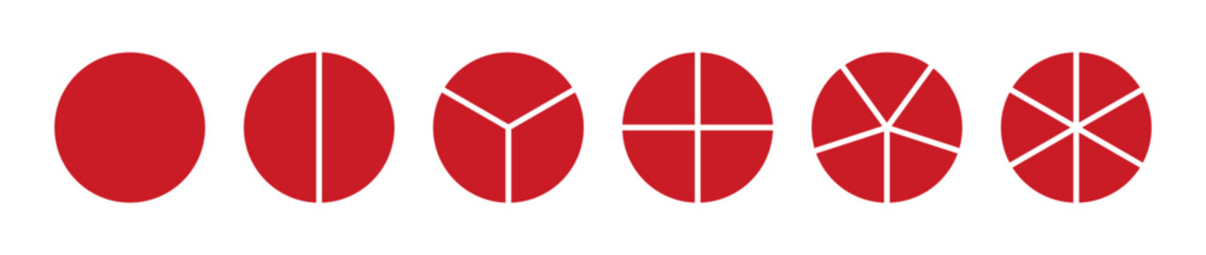 Red circle division into 1 to 6 equal parts. Wheel-shaped infographic diagrams, minimalist icon set, coaching blank template, pizza and pie chart layouts.