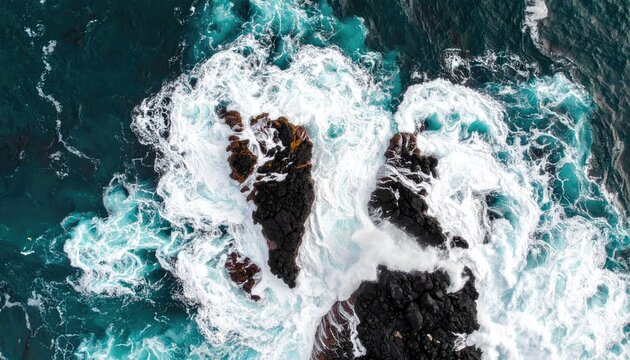 Powerful ocean surf breaking against black volcanic rocks.